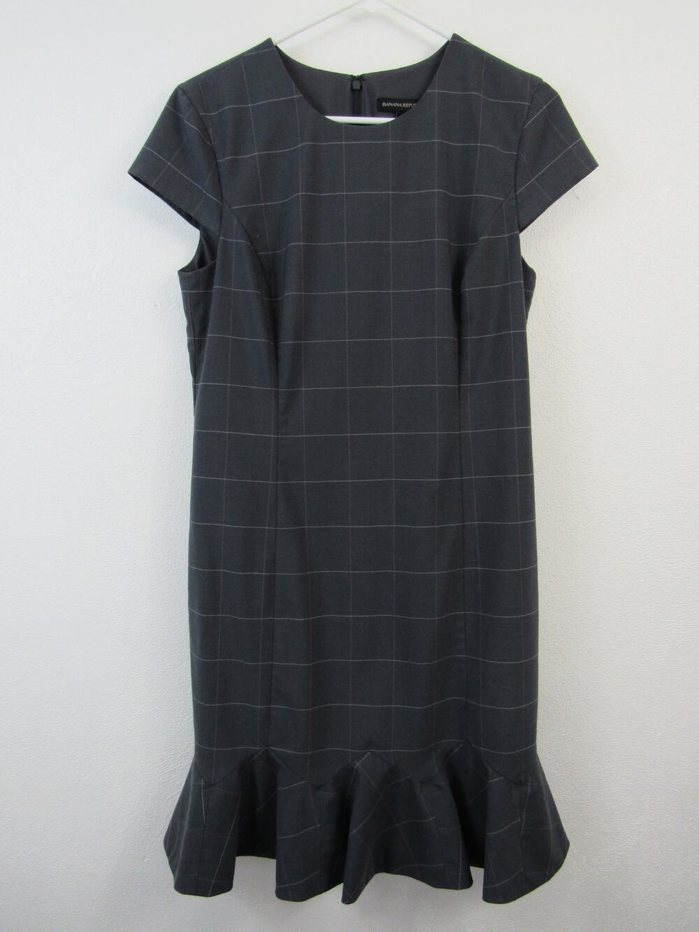 Banana Republic Size 8 Windowpane Lightweight Wool Godet Flounce Sheath Dress